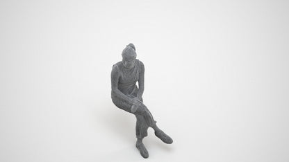 realistic 3D woman casual sitting, scanned archviz people for Blender and 3ds Max, wireframe three-quarter view