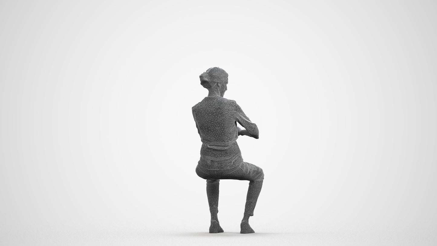 realistic 3D human woman casual sitting, archviz people FBX OBJ for Blender, wireframe front view