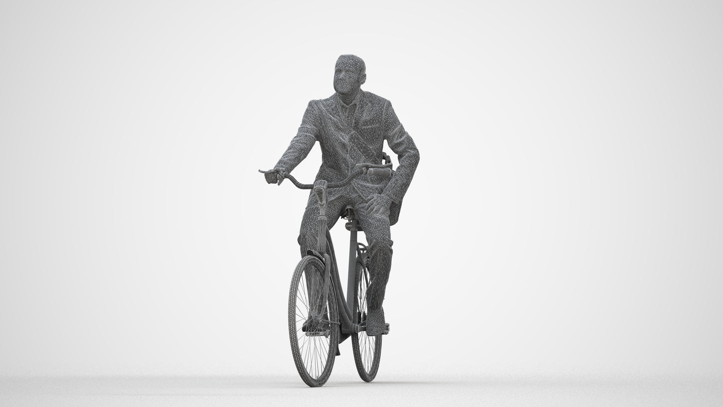 3D scanned man cycling business, photorealistic archviz people for Enscape and SketchUp, wireframe back view
