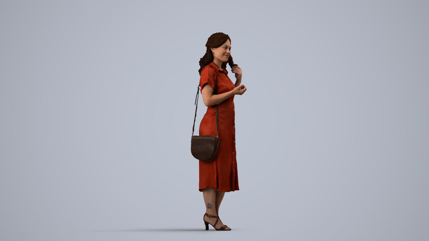 3D human model woman casual standing, photogrammetry scanned person for archviz, side view render
