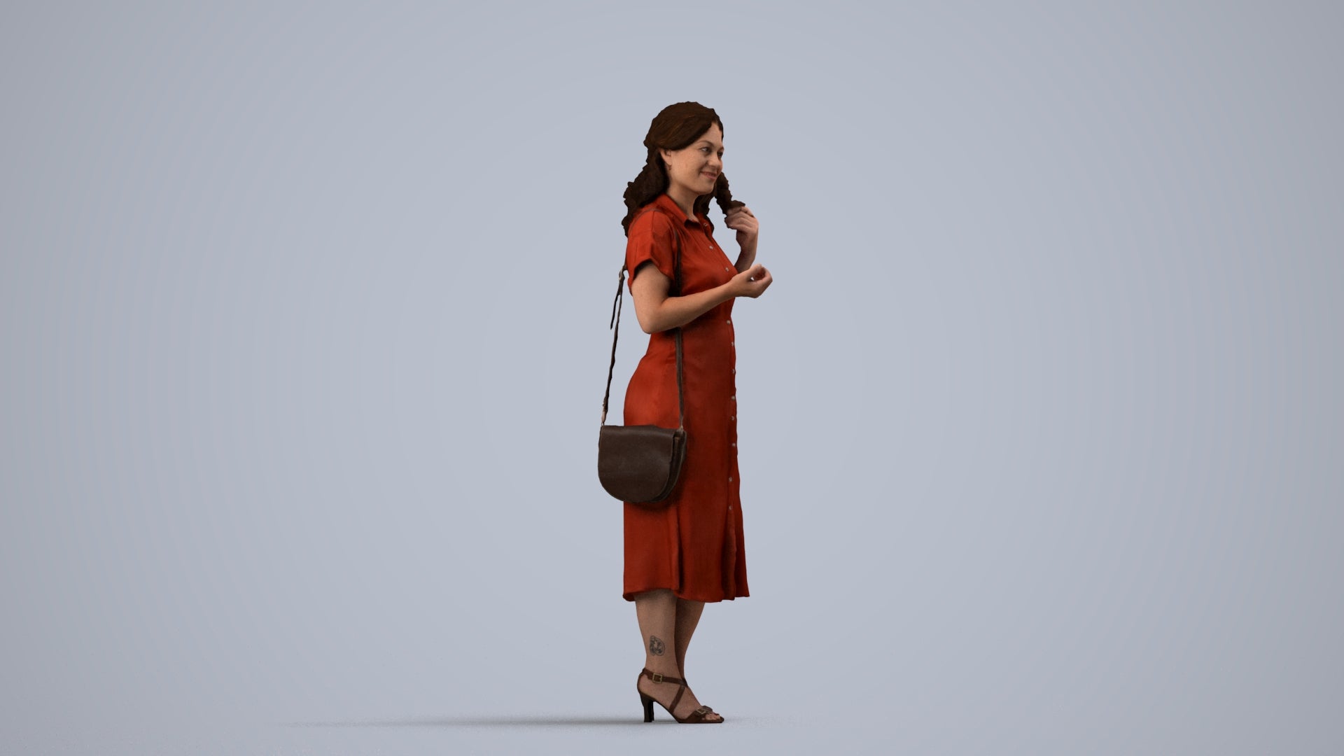 3D human model woman casual standing, photogrammetry scanned person for archviz, side view render