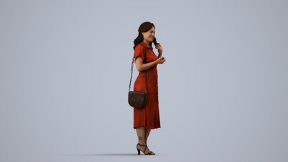 3D human model woman casual standing, photogrammetry scanned person for archviz, side view render