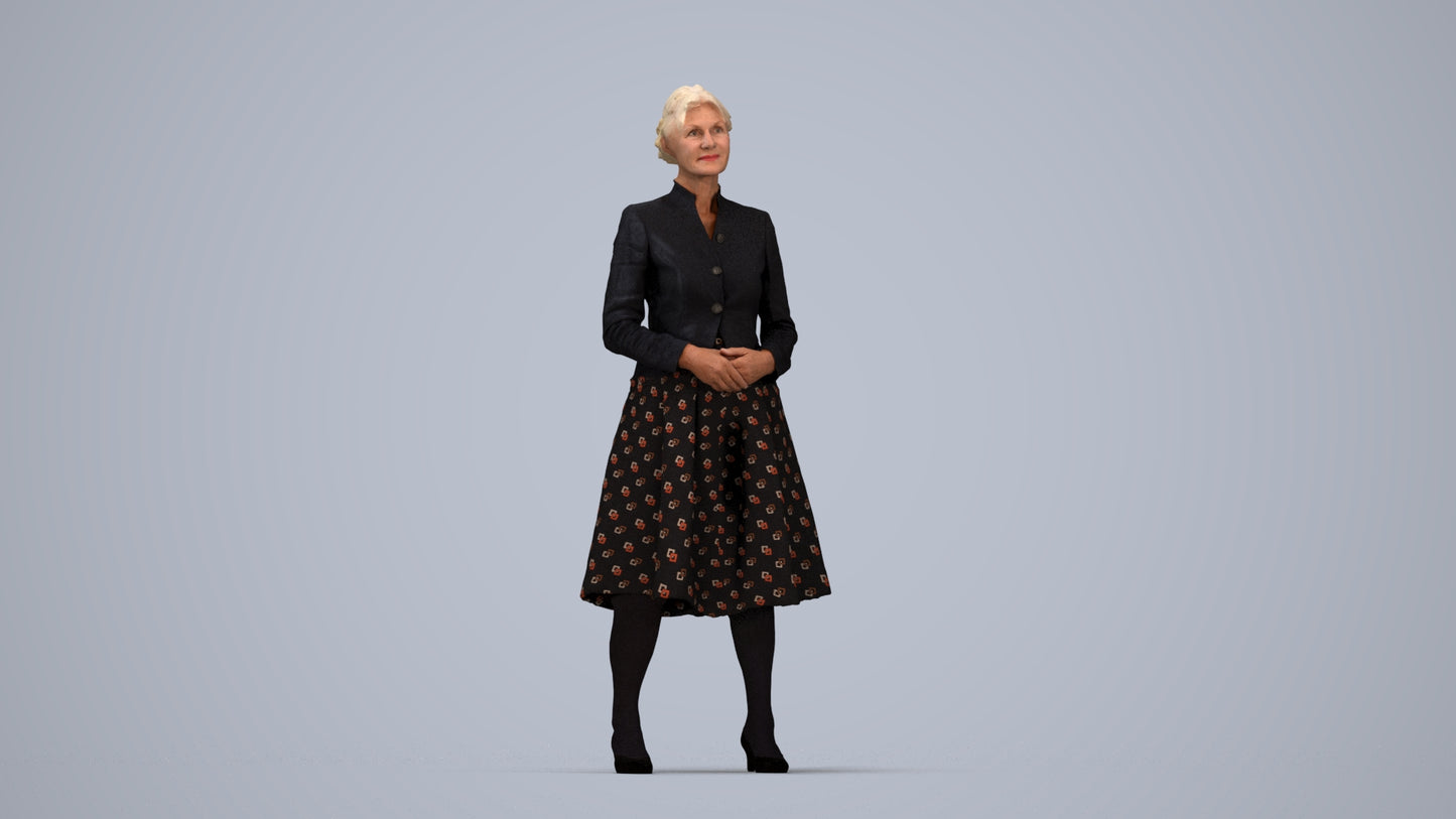 realistic 3D senior woman business standing, scanned archviz people for Blender and 3ds Max, top-down view render
