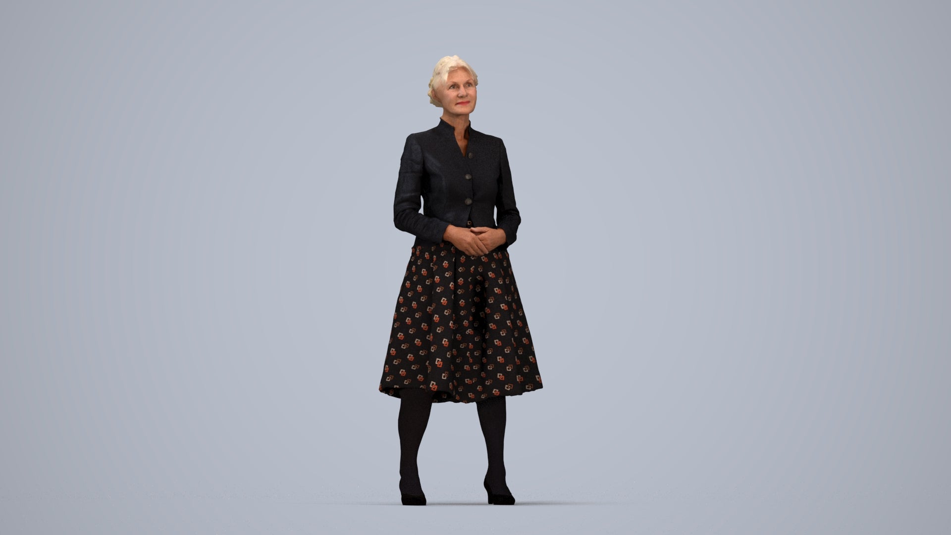 realistic 3D senior woman business standing, scanned archviz people for Blender and 3ds Max, top-down view render