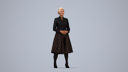 realistic 3D senior woman business standing, scanned archviz people for Blender and 3ds Max, top-down view render