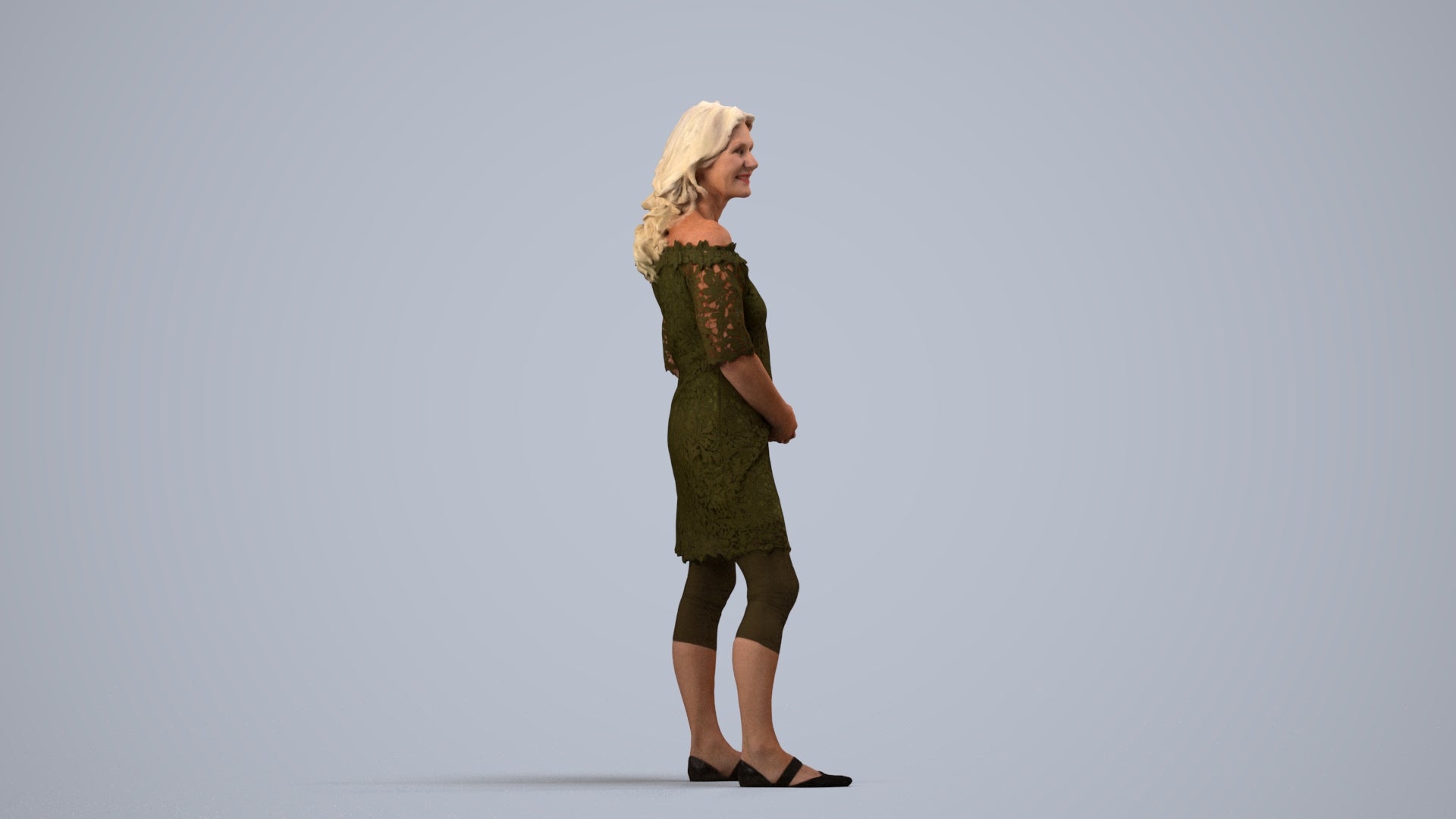 photogrammetry 3D senior woman casual standing, realistic human model archviz FBX, side view render