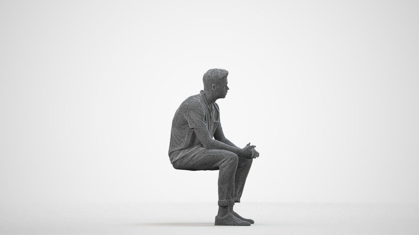 3D scanned man sitting casual, photorealistic archviz people for Enscape and SketchUp, wireframe side view