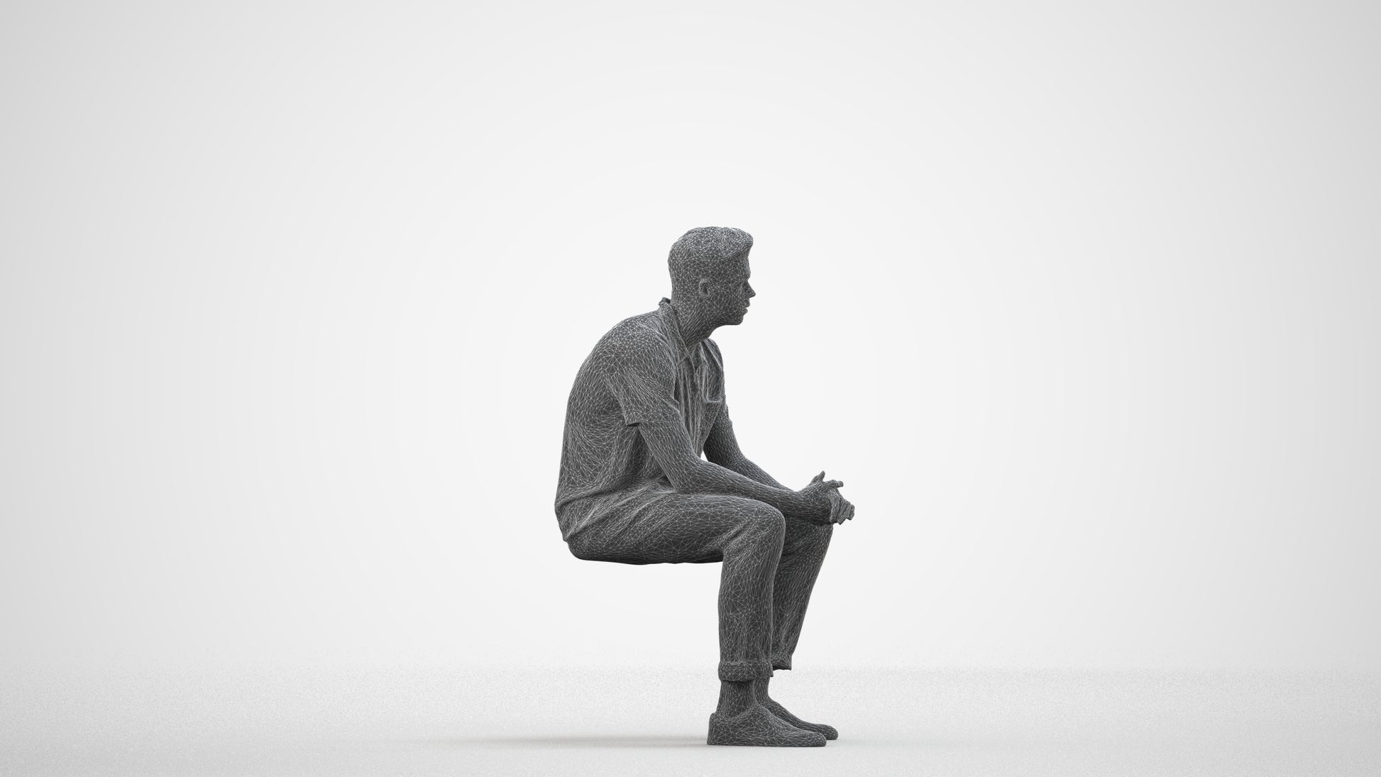 3D scanned man sitting casual, photorealistic archviz people for Enscape and SketchUp, wireframe side view