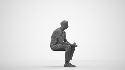 3D scanned man sitting casual, photorealistic archviz people for Enscape and SketchUp, wireframe side view