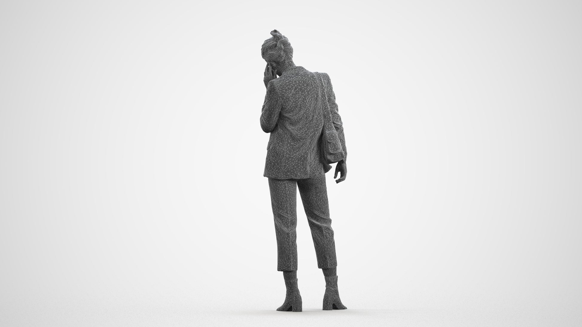 3D human model woman business standing, photogrammetry scanned person for archviz, wireframe front view