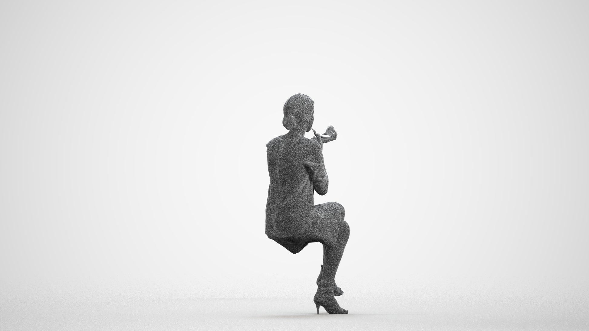 3D people model woman casual sitting, scanned human for 3ds Max rendering, wireframe front view