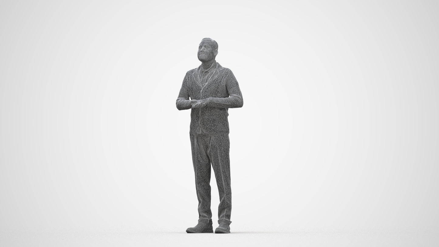 3D scanned man standing business, photorealistic archviz people for Enscape and SketchUp, wireframe back view