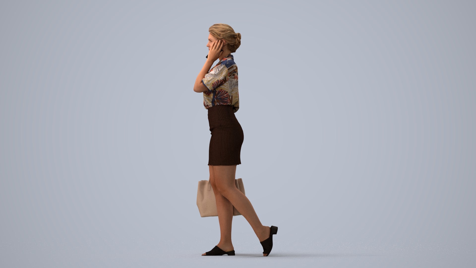 3D scanned woman shopping casual, photorealistic archviz people for Enscape and SketchUp, three-quarter view render