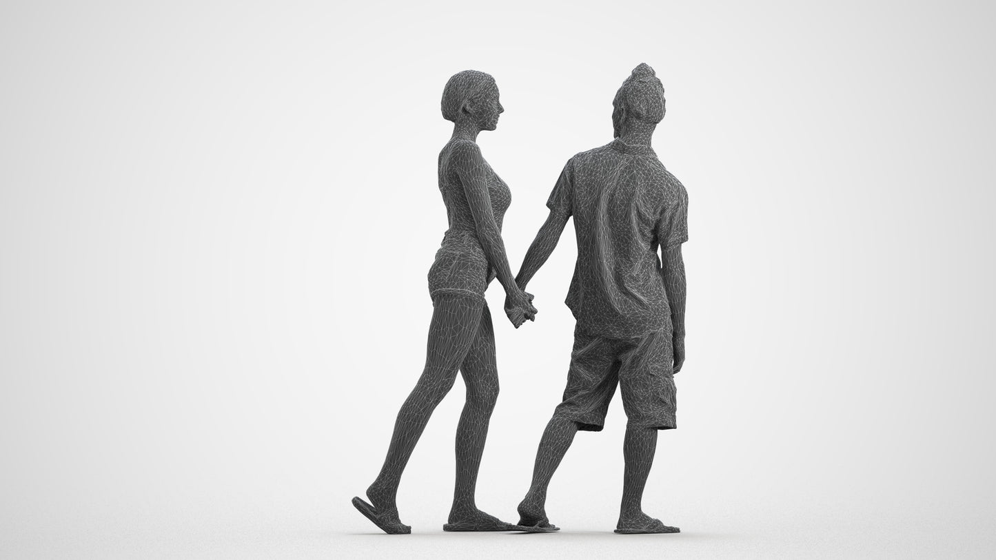 3D people model woman couple, scanned human for 3ds Max rendering, wireframe front view