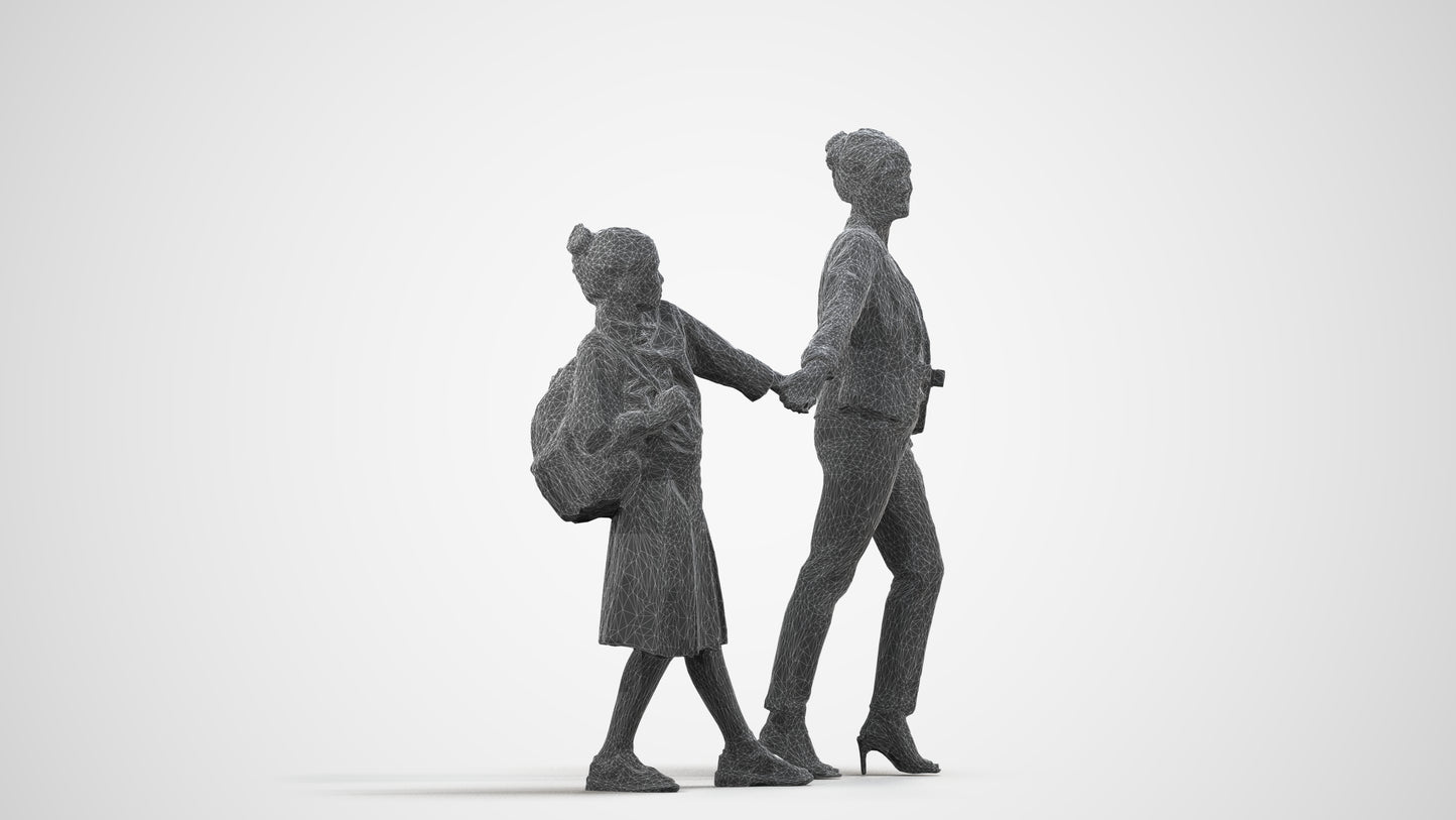 realistic 3D people girl kids, render-ready for V-Ray and Corona, FBX OBJ, wireframe side view