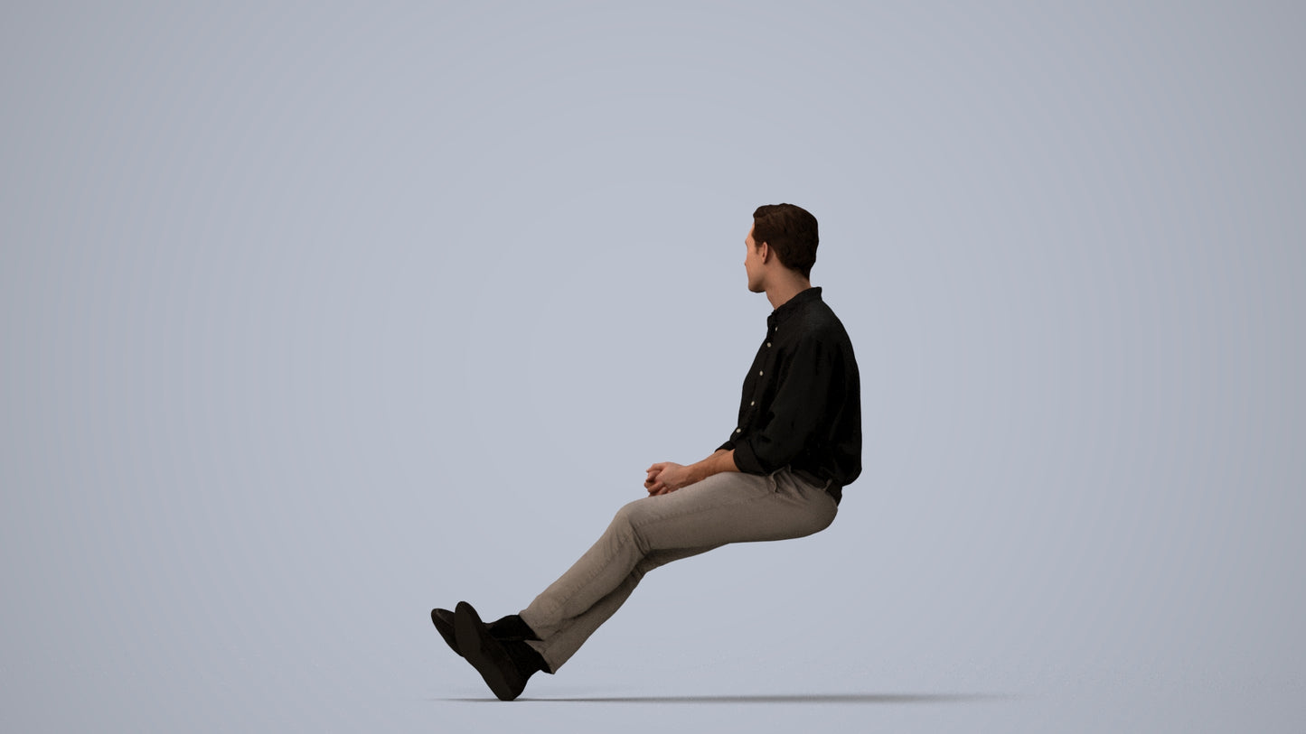 scanned 3D man casual sitting, photogrammetry people for Enscape and V-Ray, three-quarter view render