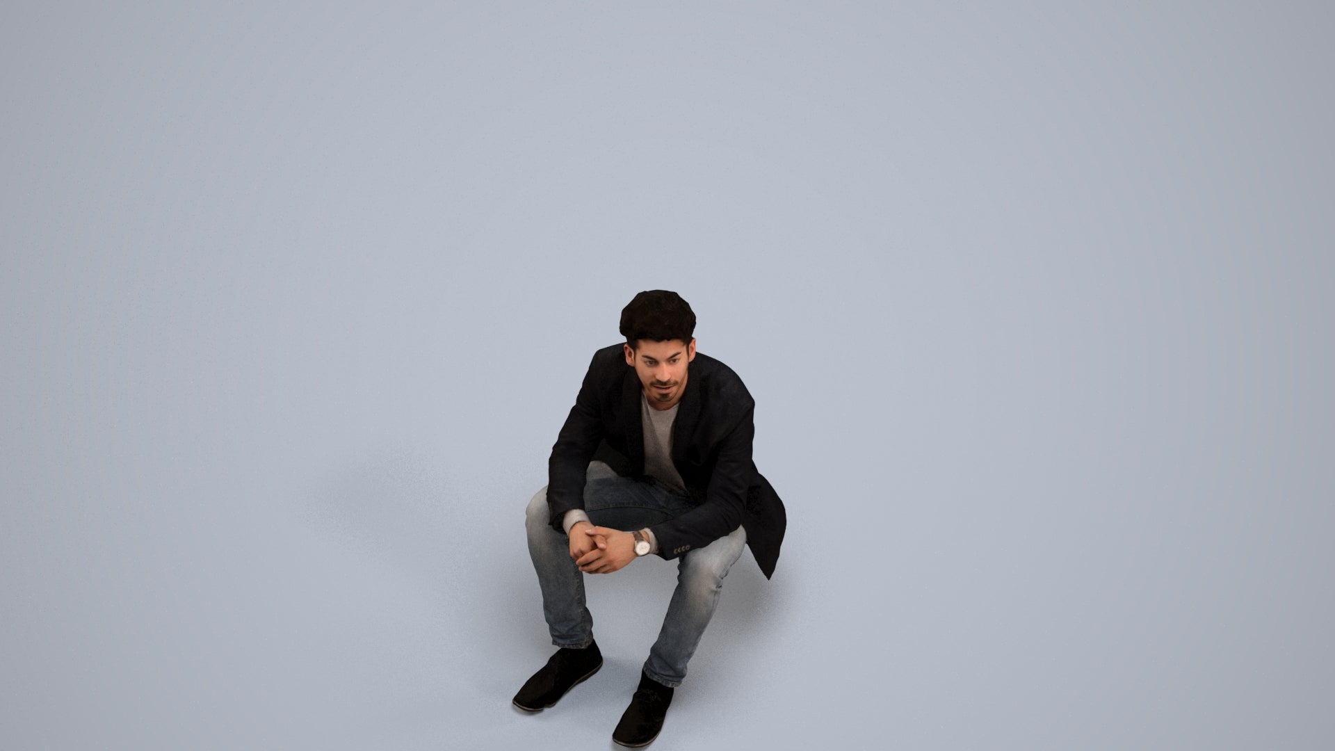 realistic 3D man casual sitting, scanned archviz people for Blender and 3ds Max, back view render