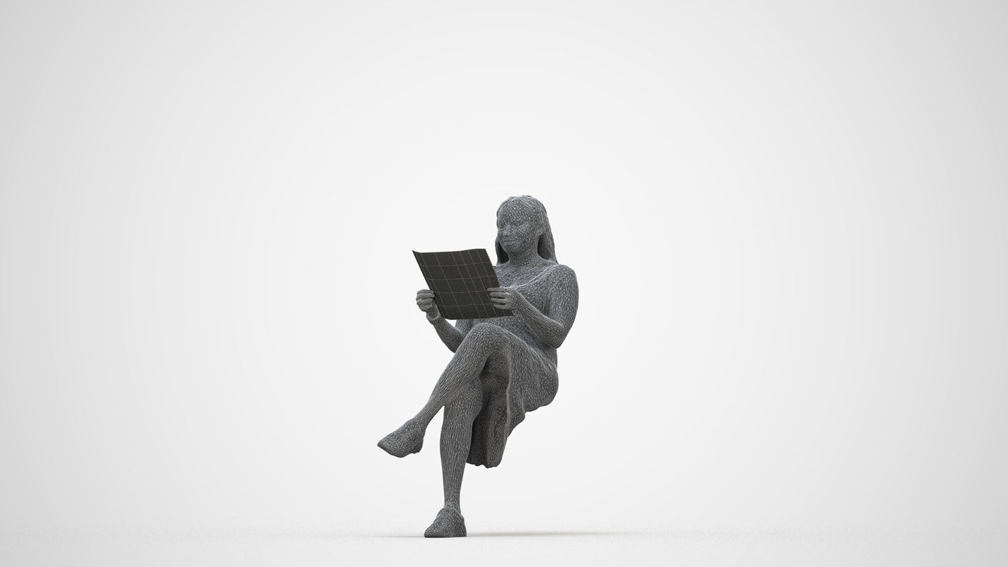 realistic 3D human woman casual sitting, archviz people FBX OBJ for Blender, wireframe back view