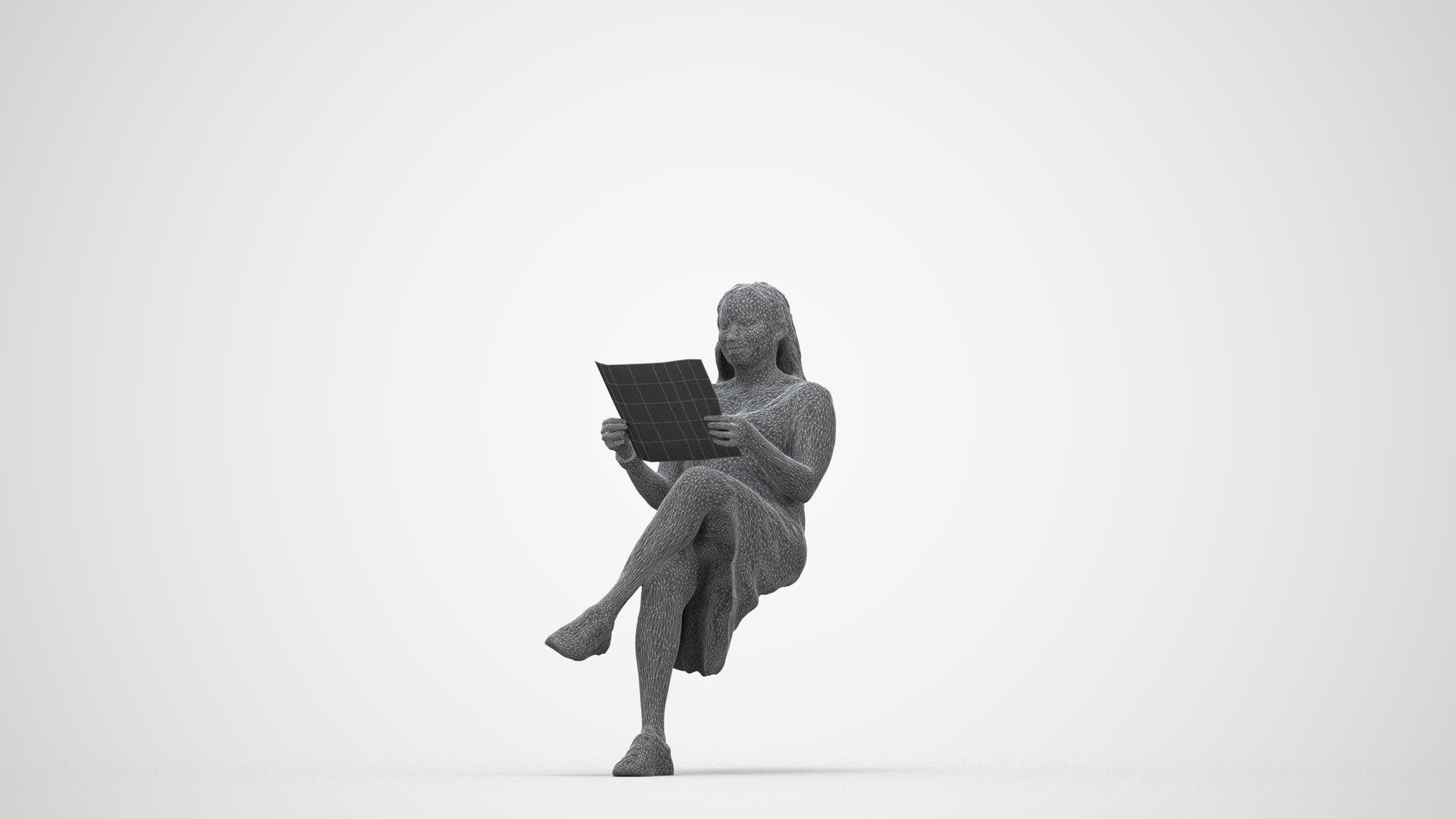 realistic 3D human woman casual sitting, archviz people FBX OBJ for Blender, wireframe back view
