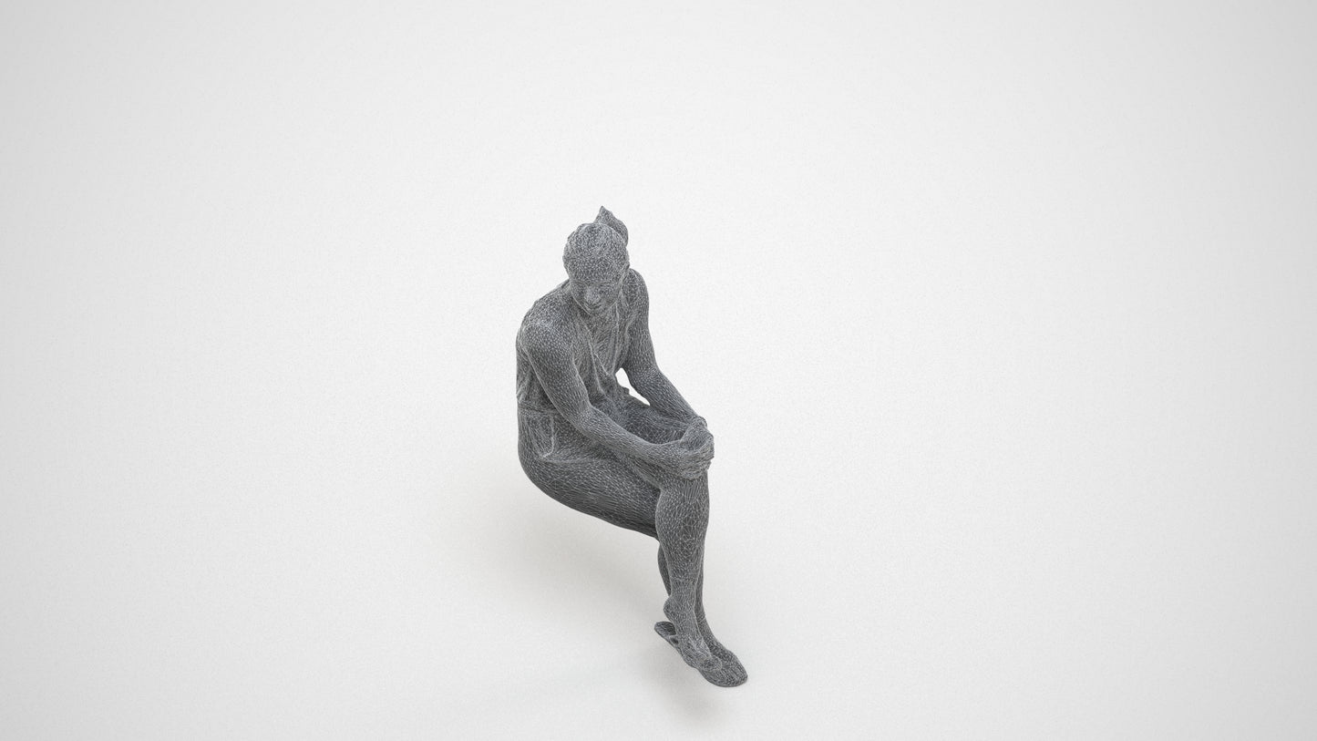photogrammetry 3D woman casual sitting, realistic human model archviz FBX, wireframe three-quarter view