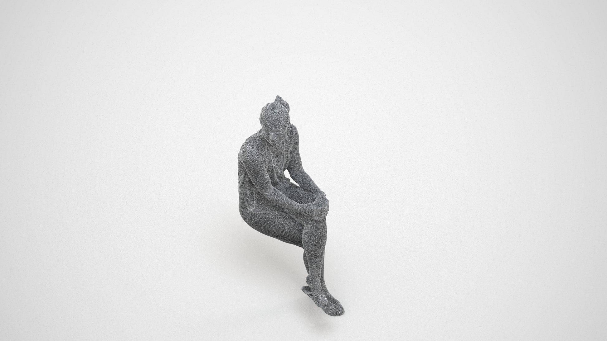 photogrammetry 3D woman casual sitting, realistic human model archviz FBX, wireframe three-quarter view