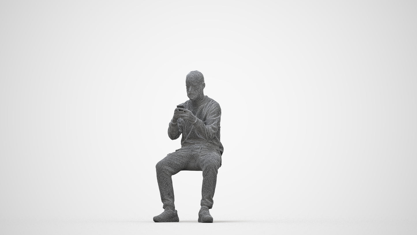 3D human model man casual sitting, photogrammetry scanned person for archviz, wireframe back view