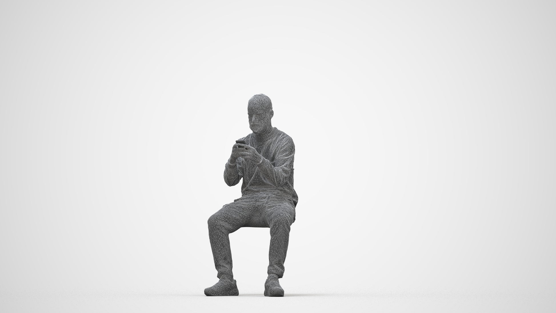 3D human model man casual sitting, photogrammetry scanned person for archviz, wireframe back view