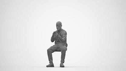 3D human model man casual sitting, photogrammetry scanned person for archviz, wireframe back view