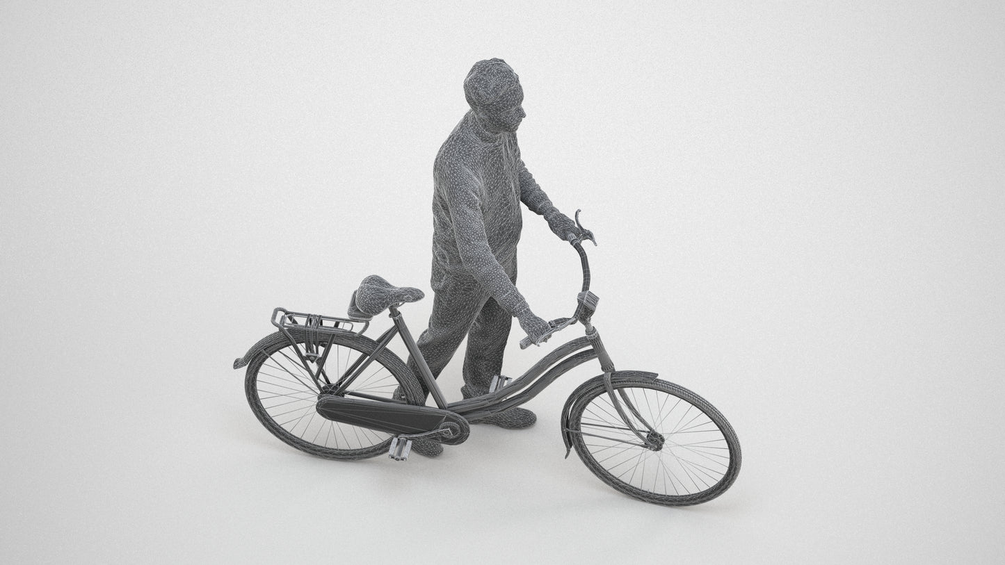 3D people model man casual cycling, scanned human for 3ds Max rendering, wireframe three-quarter view