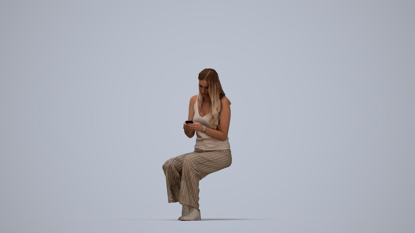 3D human model woman casual sitting, photogrammetry scanned person for archviz, top-down view render