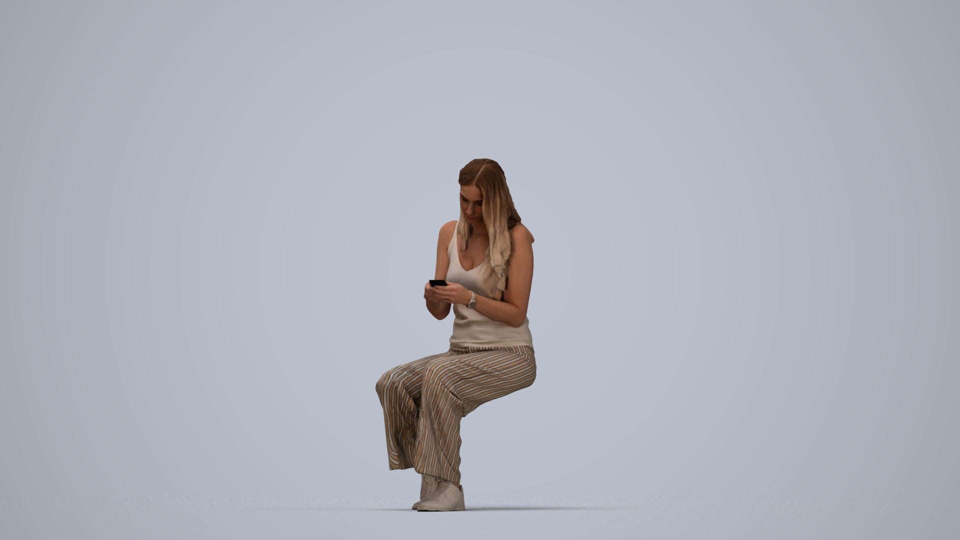 3D human model woman casual sitting, photogrammetry scanned person for archviz, top-down view render