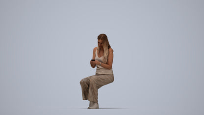3D human model woman casual sitting, photogrammetry scanned person for archviz, top-down view render