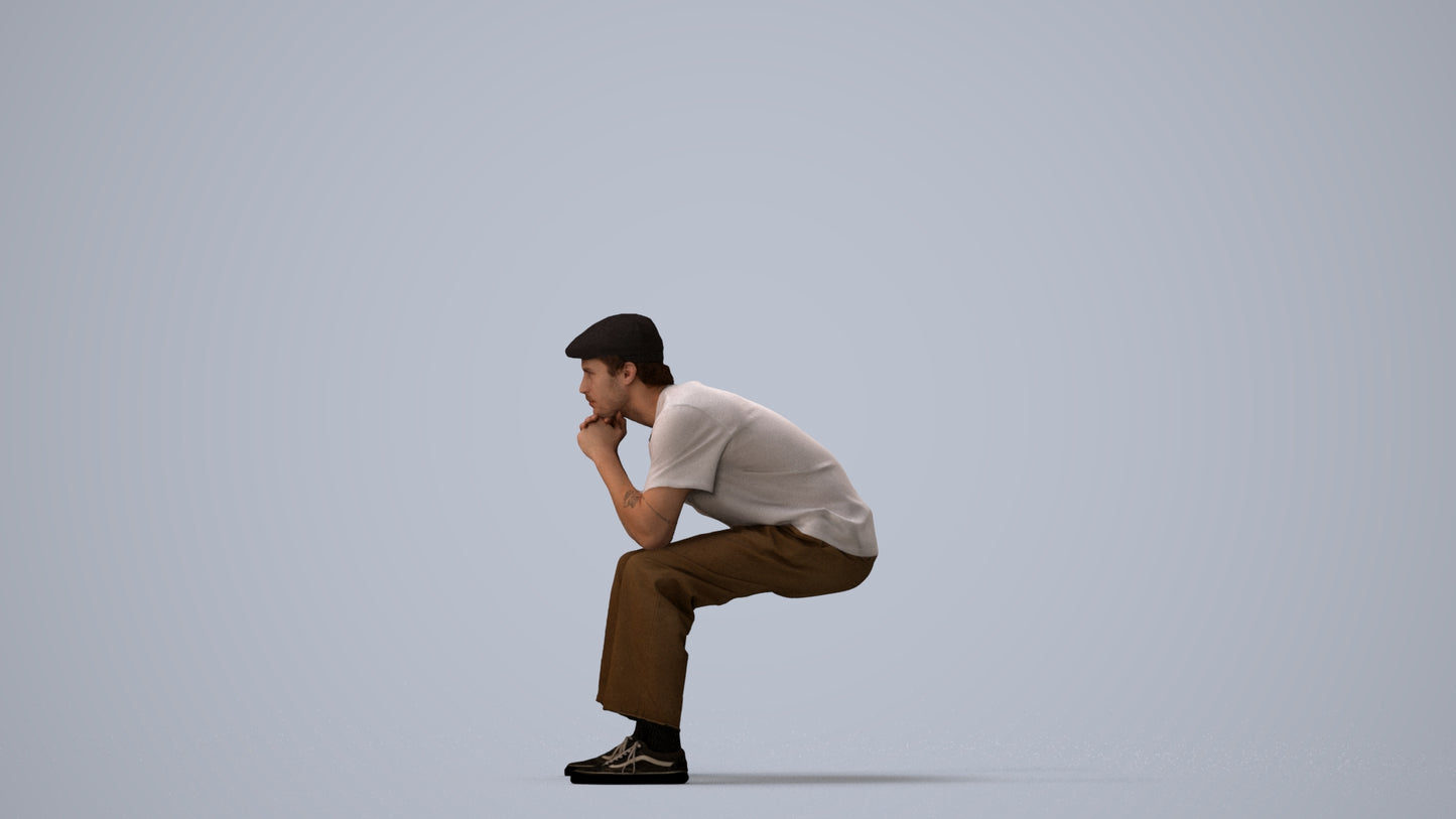 3D scanned man sitting casual, photorealistic archviz people for Enscape and SketchUp, three-quarter view render