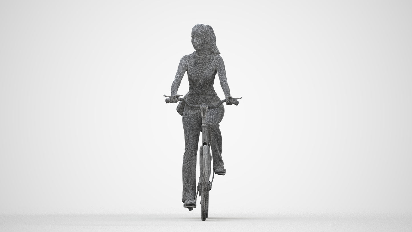 scanned 3D woman casual cycling, photogrammetry people for Enscape and V-Ray, wireframe back view