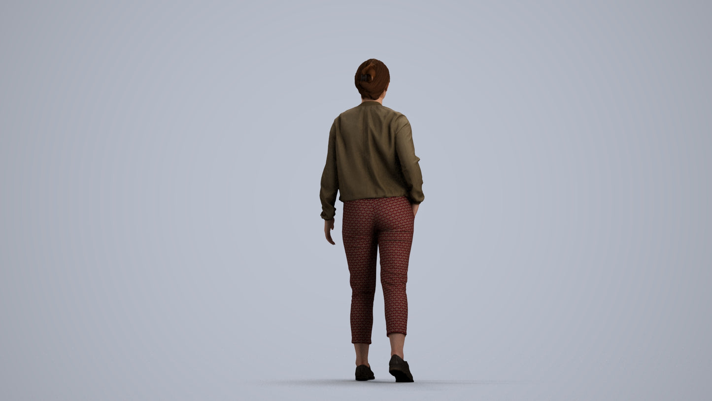 3D human model woman casual walking, photogrammetry scanned person for archviz, front view render