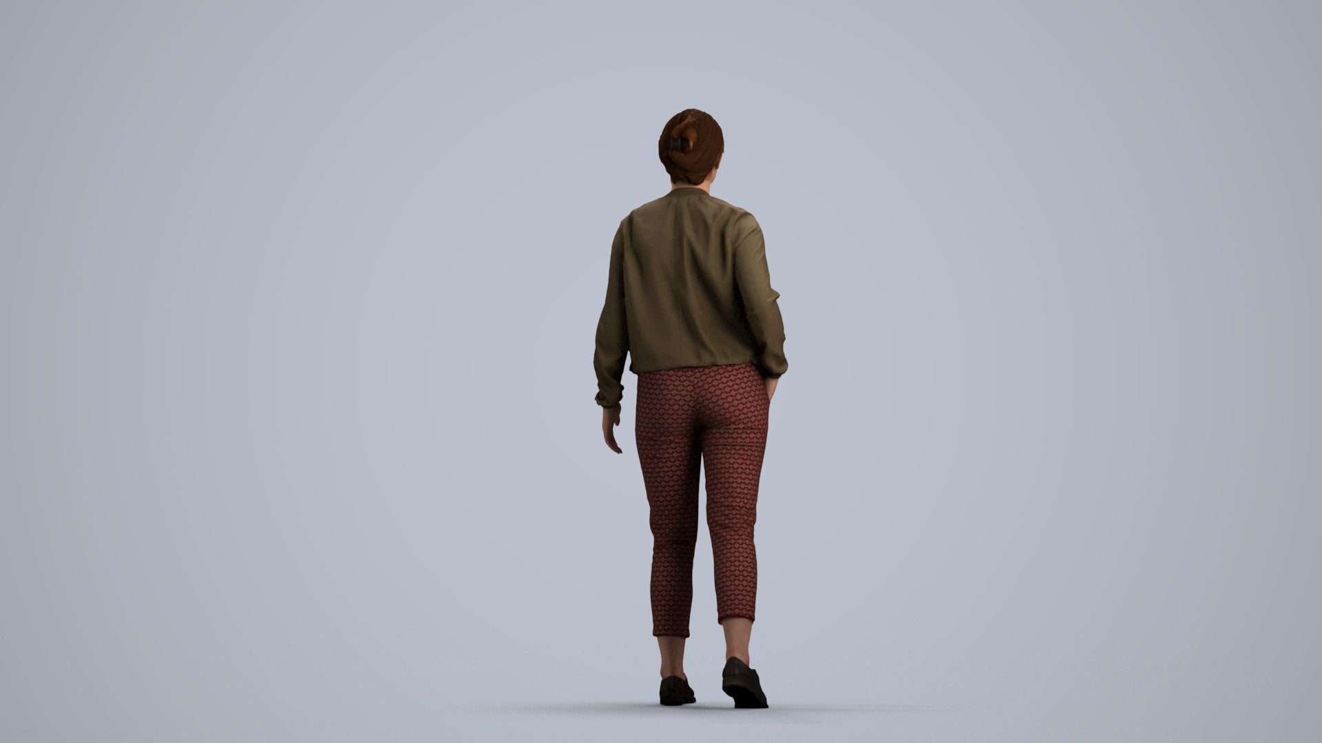 3D human model woman casual walking, photogrammetry scanned person for archviz, front view render