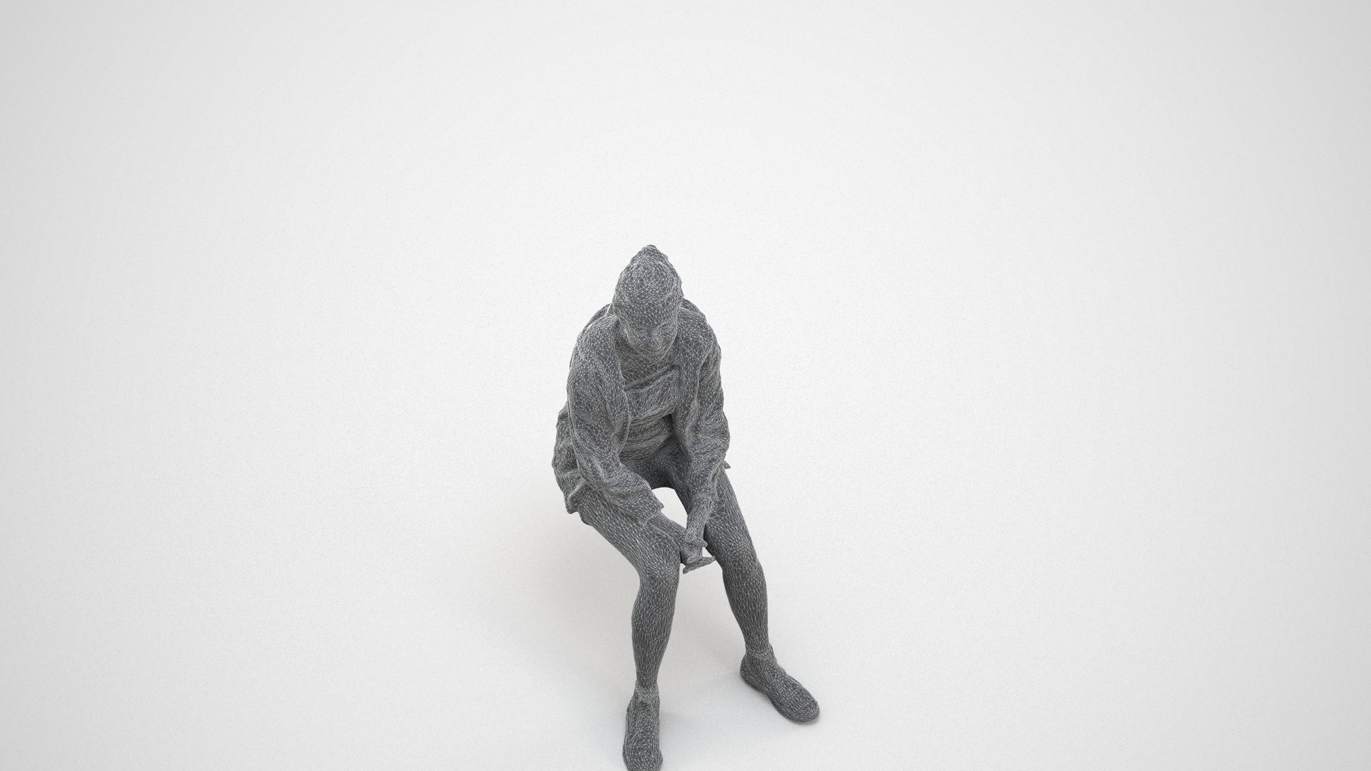 3D scanned woman sitting casual, photorealistic archviz people for Enscape and SketchUp, wireframe three-quarter view