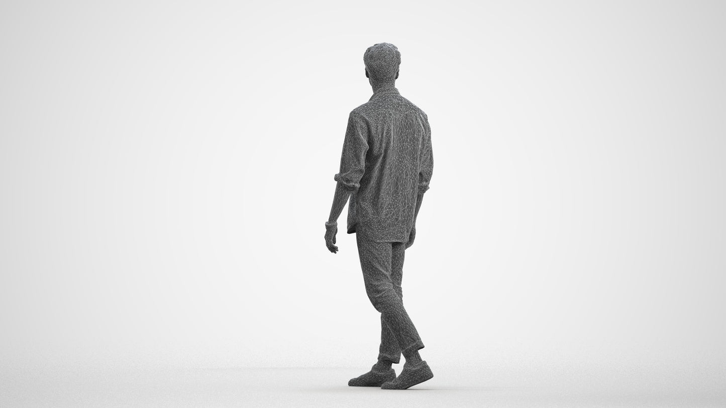 realistic 3D man casual walking, scanned archviz people for Blender and 3ds Max, wireframe front view