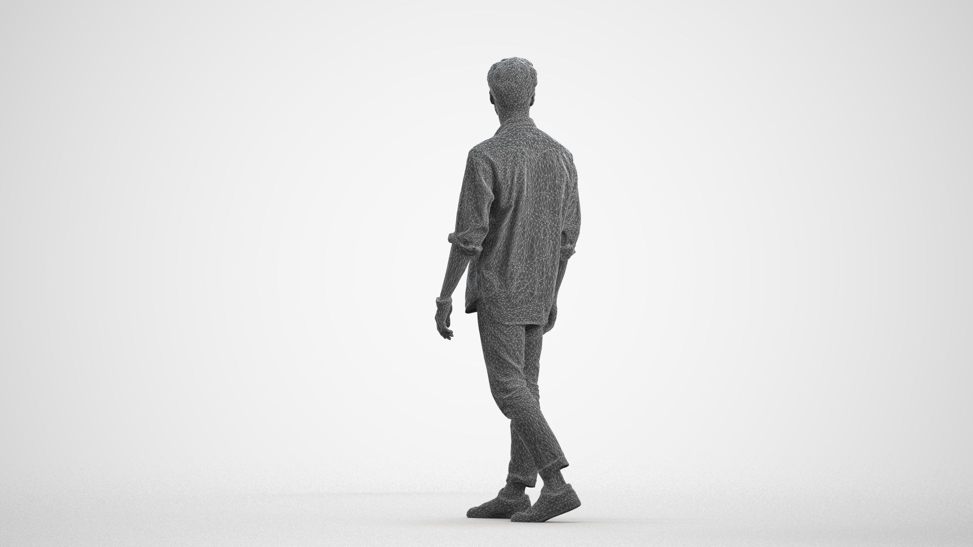 realistic 3D man casual walking, scanned archviz people for Blender and 3ds Max, wireframe front view