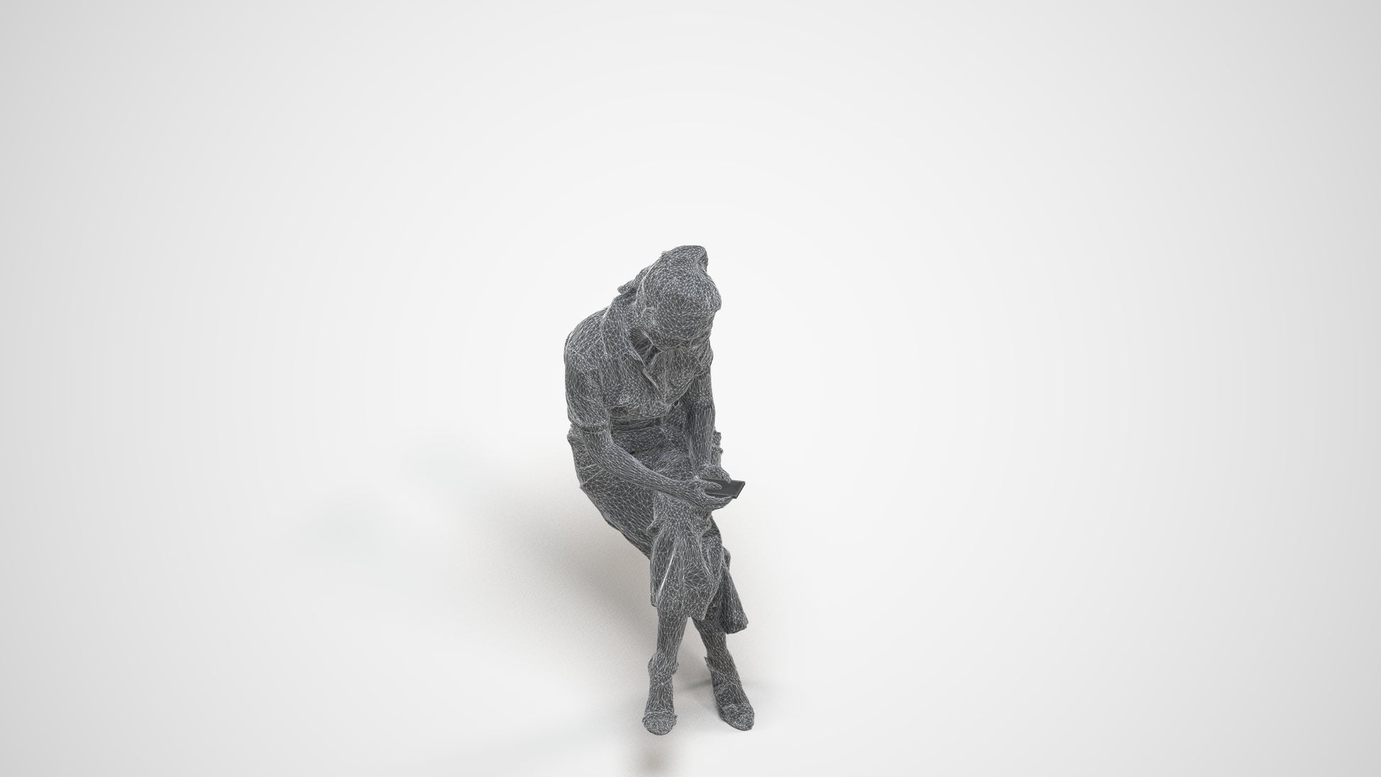 photogrammetry 3D woman formal sitting, realistic human model archviz FBX, wireframe three-quarter view