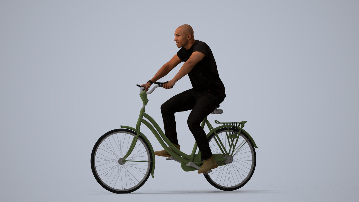 realistic 3D man casual cycling, scanned archviz people for Blender and 3ds Max, three-quarter view render