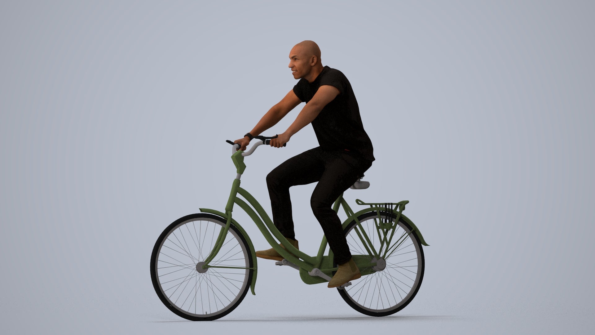 realistic 3D man casual cycling, scanned archviz people for Blender and 3ds Max, three-quarter view render