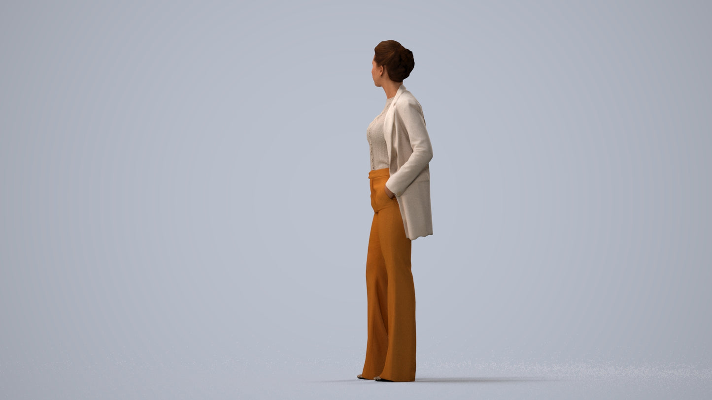 3D people model woman business standing, scanned human for 3ds Max rendering, three-quarter view render