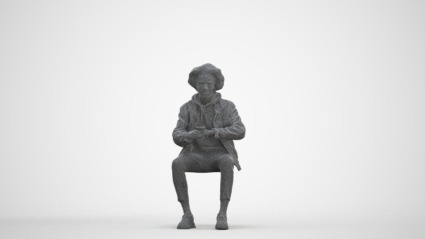 photogrammetry 3D man casual sitting, realistic human model archviz FBX, three-quarter front view render