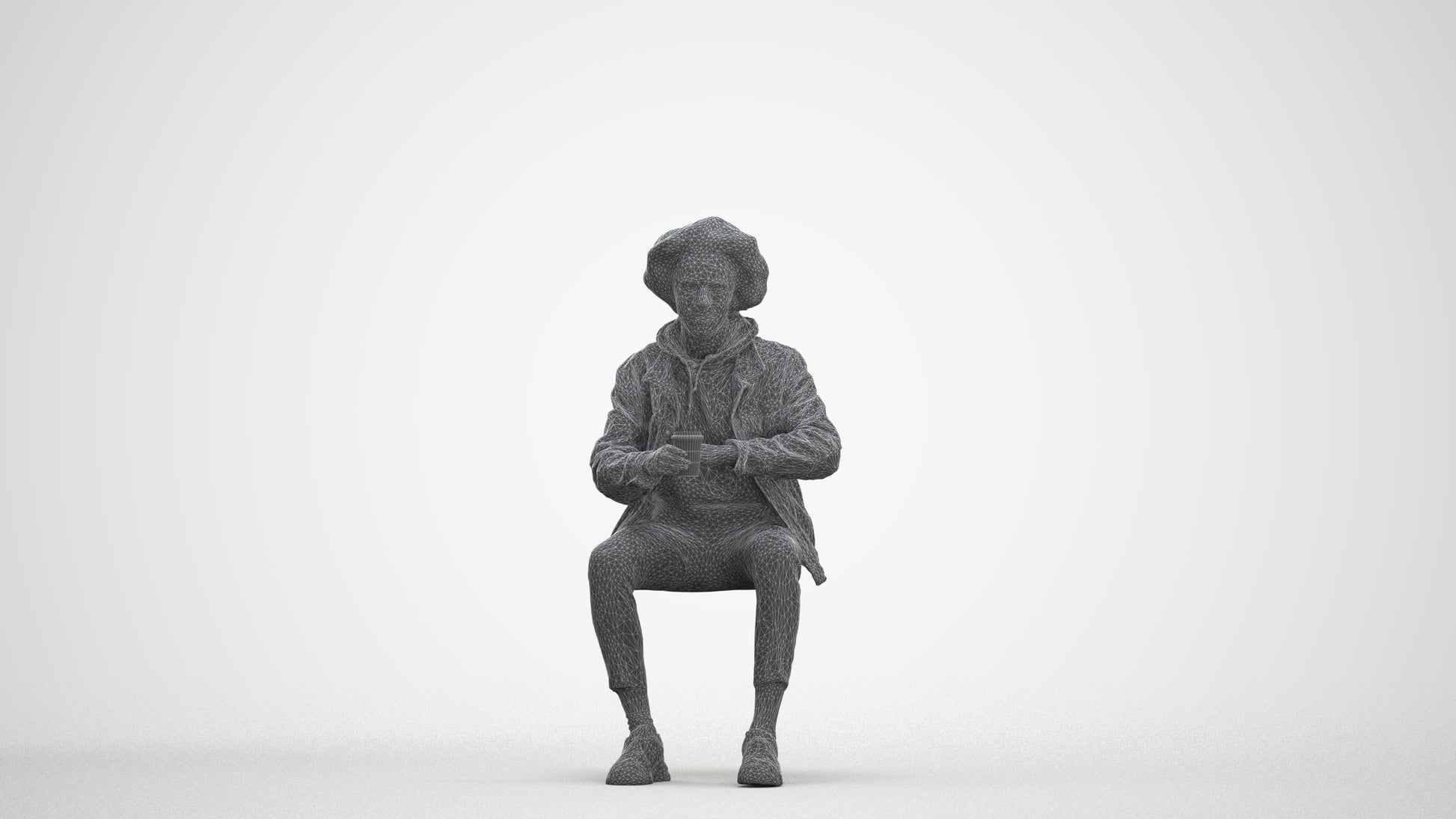photogrammetry 3D man casual sitting, realistic human model archviz FBX, three-quarter front view render