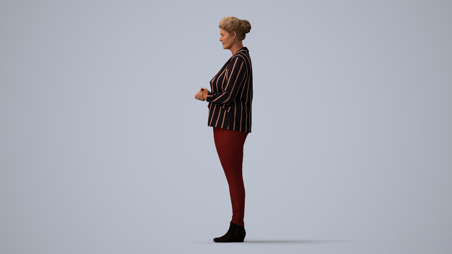 realistic 3D human woman business standing, archviz people FBX OBJ for Blender, three-quarter view render