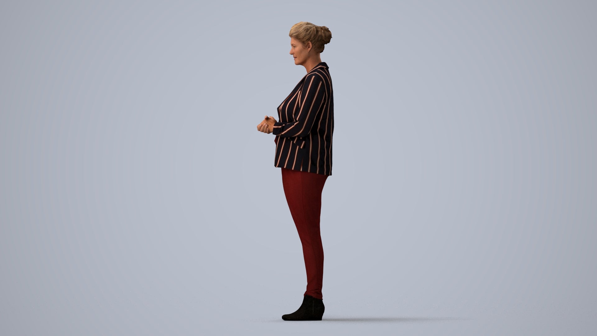 realistic 3D human woman business standing, archviz people FBX OBJ for Blender, three-quarter view render