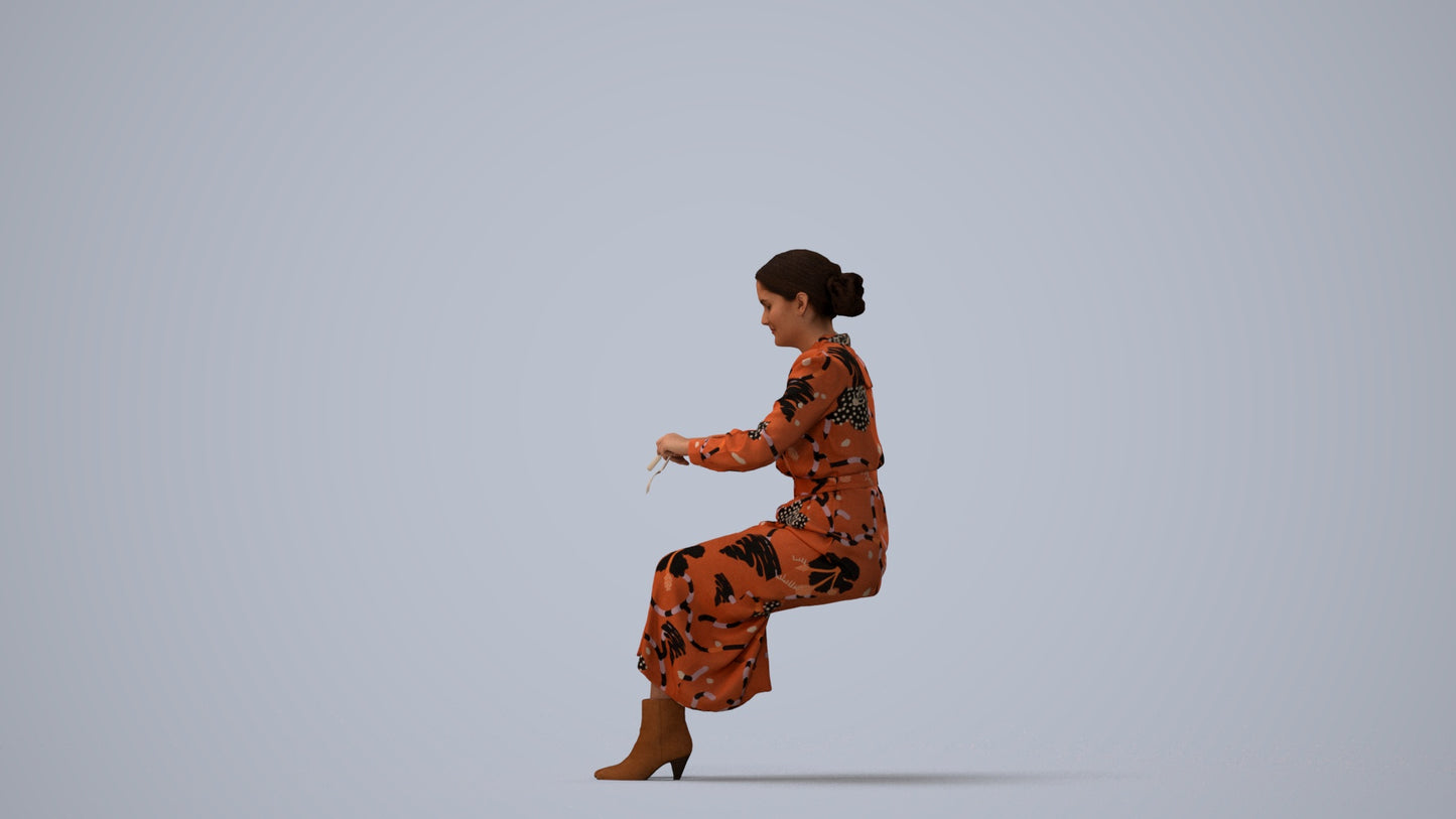 3D human model woman casual sitting, photogrammetry scanned person for archviz, three-quarter view render