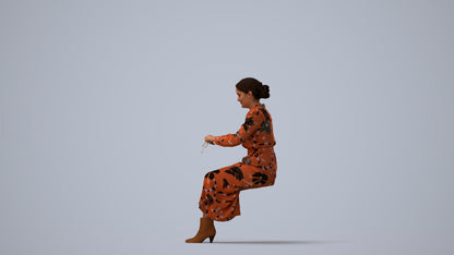 3D human model woman casual sitting, photogrammetry scanned person for archviz, three-quarter view render