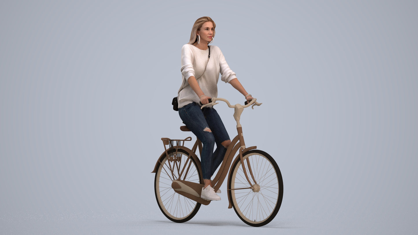 realistic 3D woman casual cycling, scanned archviz people for Blender and 3ds Max, standing pose render